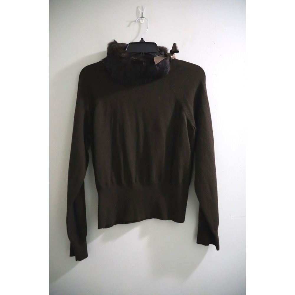 Liz Claiborne Petite Brown Angora Rabbit Blend Turtleneck Sweater Fur Trim‎